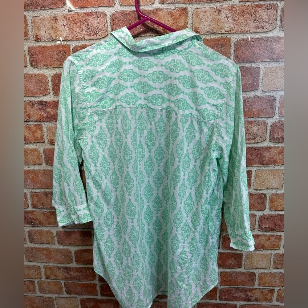 Chico's effortless 100% linen batik sina button up Mint Green Printed Shirt sz 1 - Picture 2 of 8